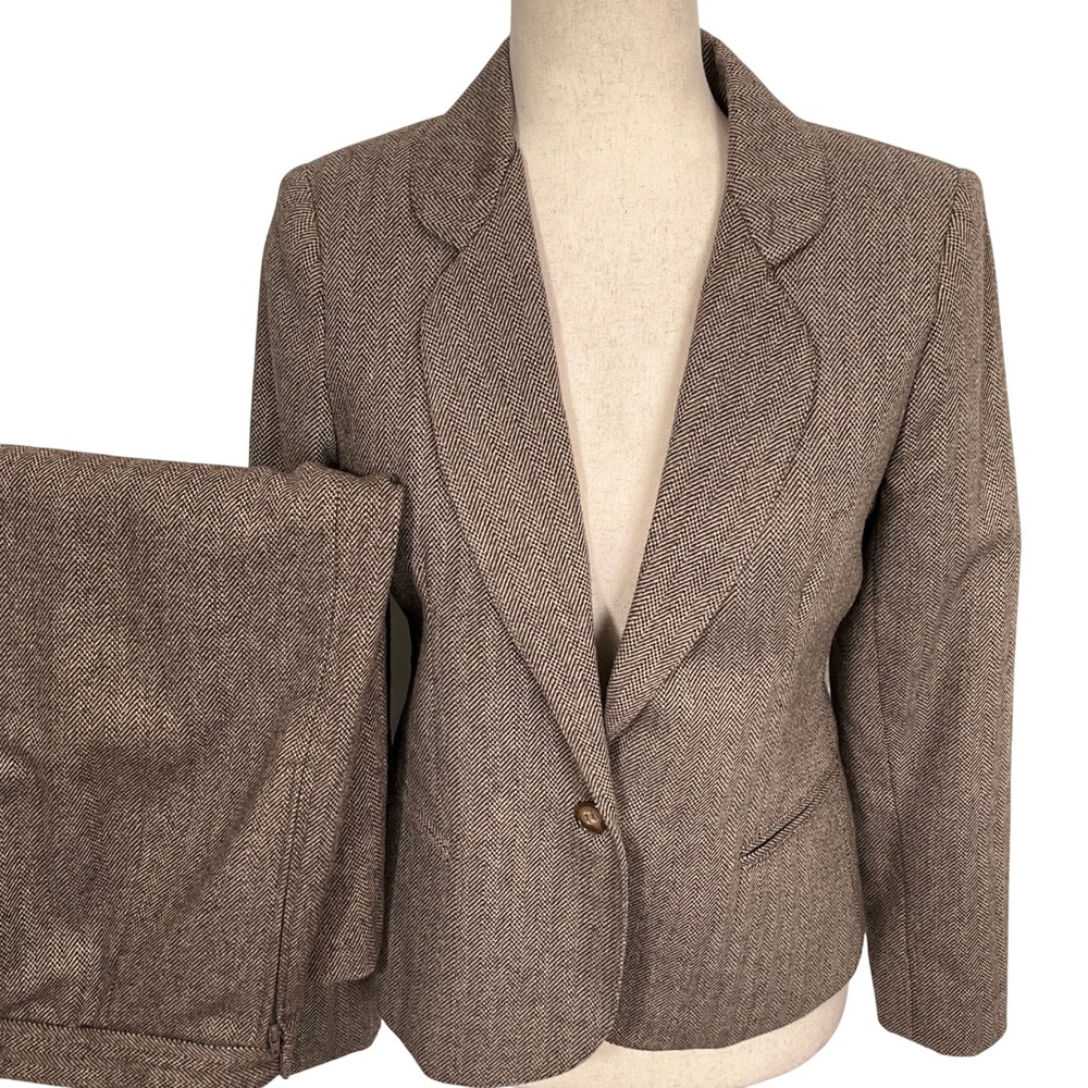 Vintage Skirt Suit Womens 7/8 Brown Herringbone Retro 80s Secretary Modest Wool
